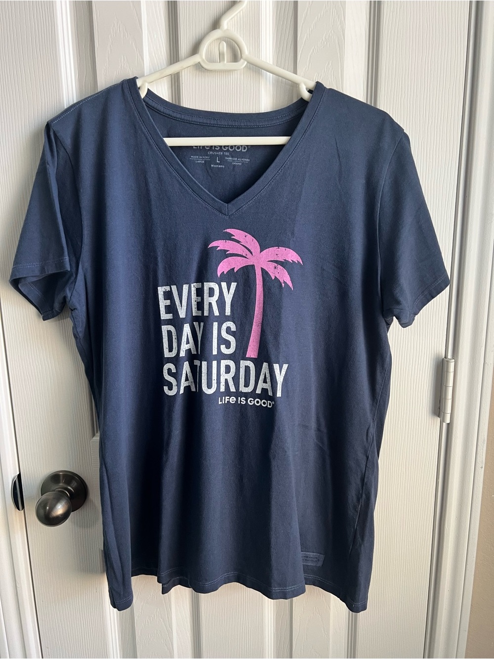 Life Is Good Navy V-Neck Tee with Pink Palm Graphic